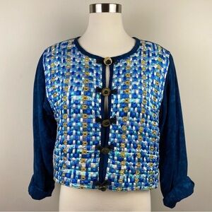 Vintage Nativewear Designs Cropped Blue Boho‎ Basketweave Batik Jacket, Size S